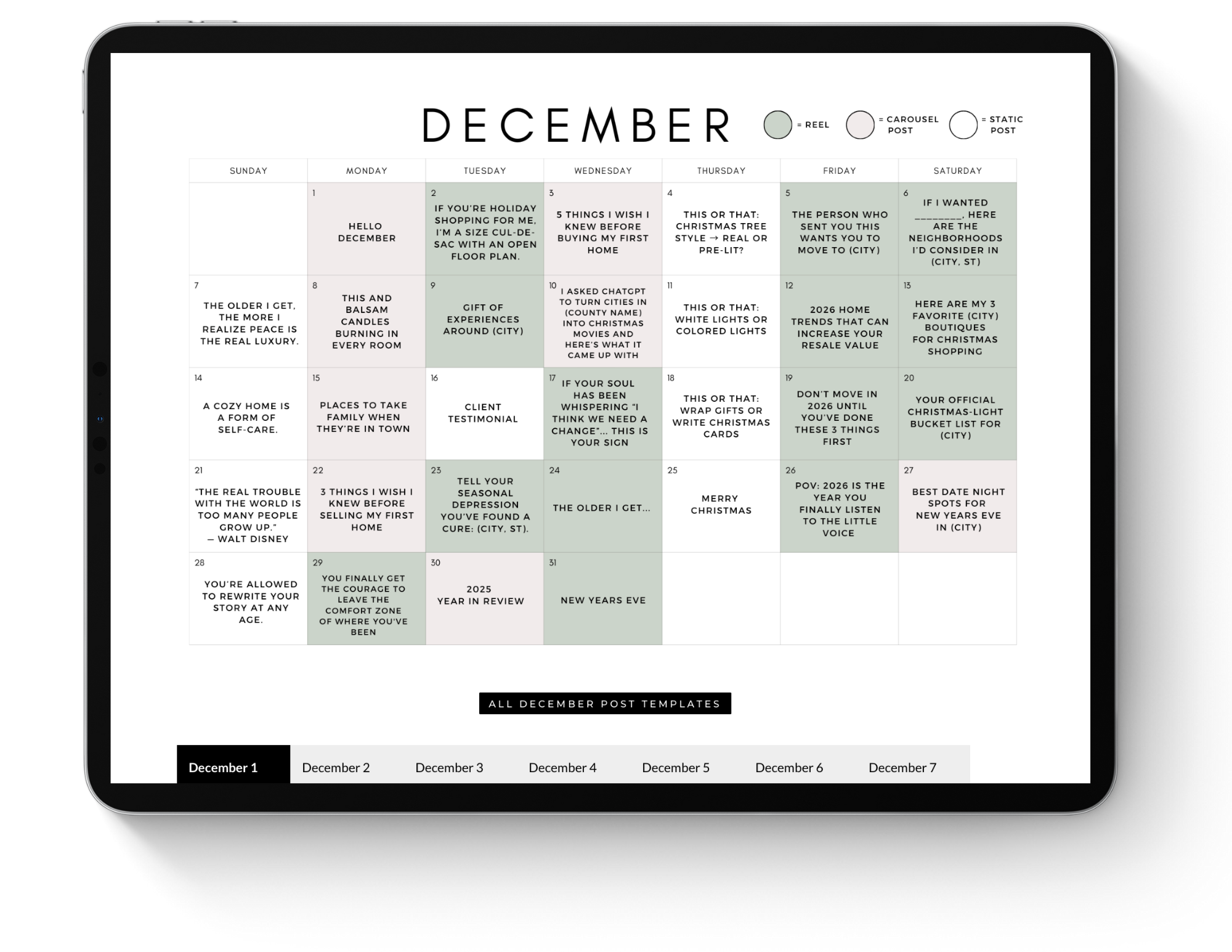 December November Social Media Calendar for Real Estate Agents